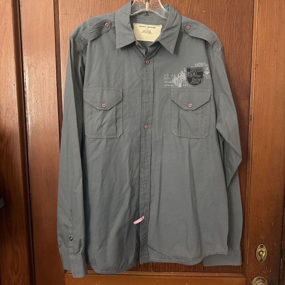 DKNY Jeans Button Shirt Men's Medium Green Long Sleeve Casual Center Trim